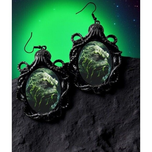 Creature from the Black Lagoon Swamp Thing Earrings - Big Green Punk Jewelry - Picture 1 of 3